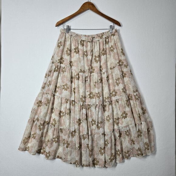 Aerie Tiered Maxi Skirt XL Ivory Beige Multi Floral Elastic Waist Tie Fairy Boho - Picture 12 of 12